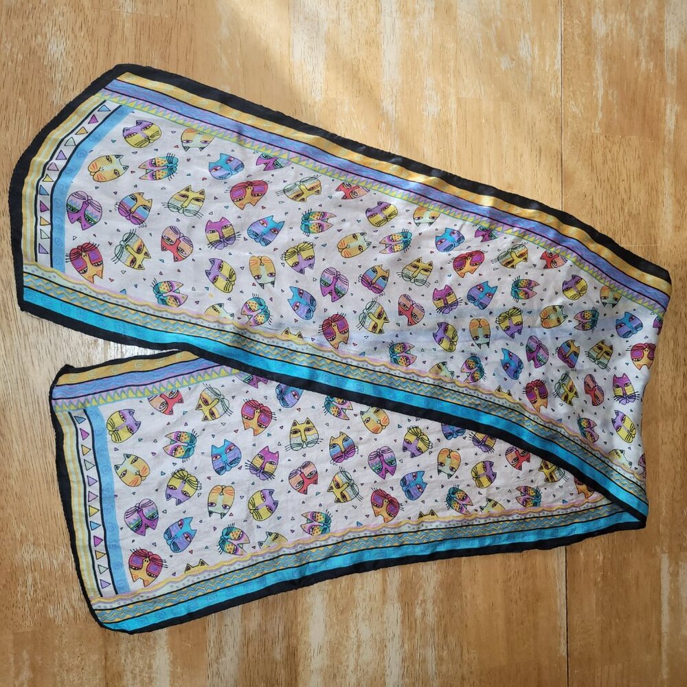 Vintage Laurel Burch Silk Scarf Wrap 10x50" Colorful Blue Purple Yellow Cats - Picture 3 of 8